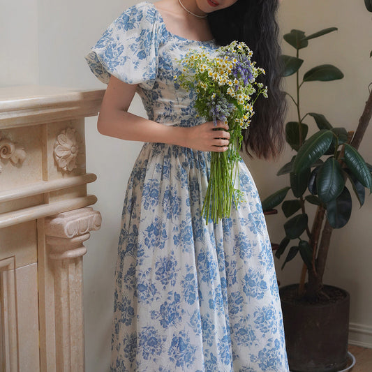 Blue ink flower pattern retro dress