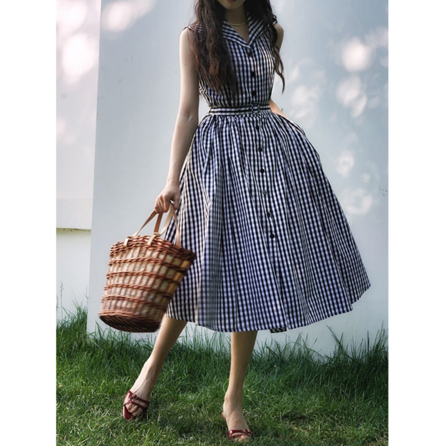 Movie actress plaid retro dress