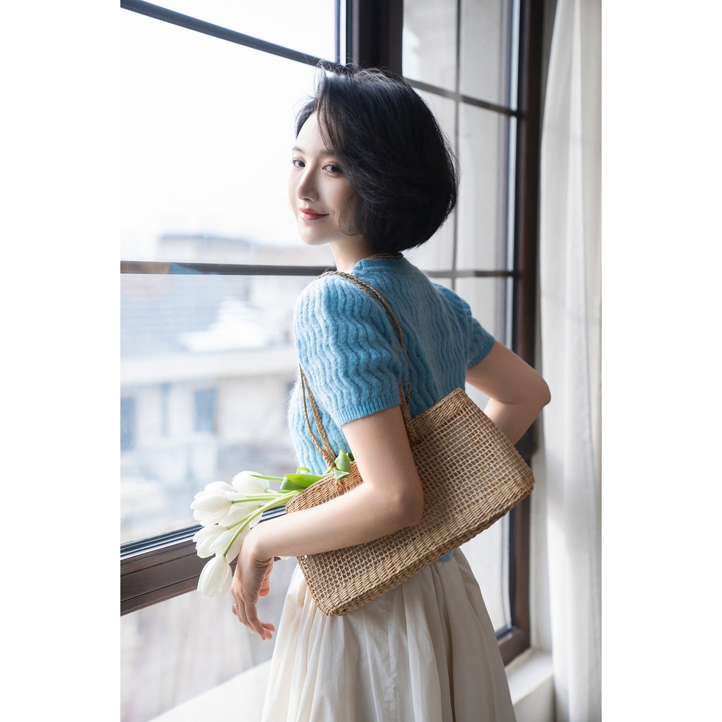 Sky blue wave pattern mohair knit