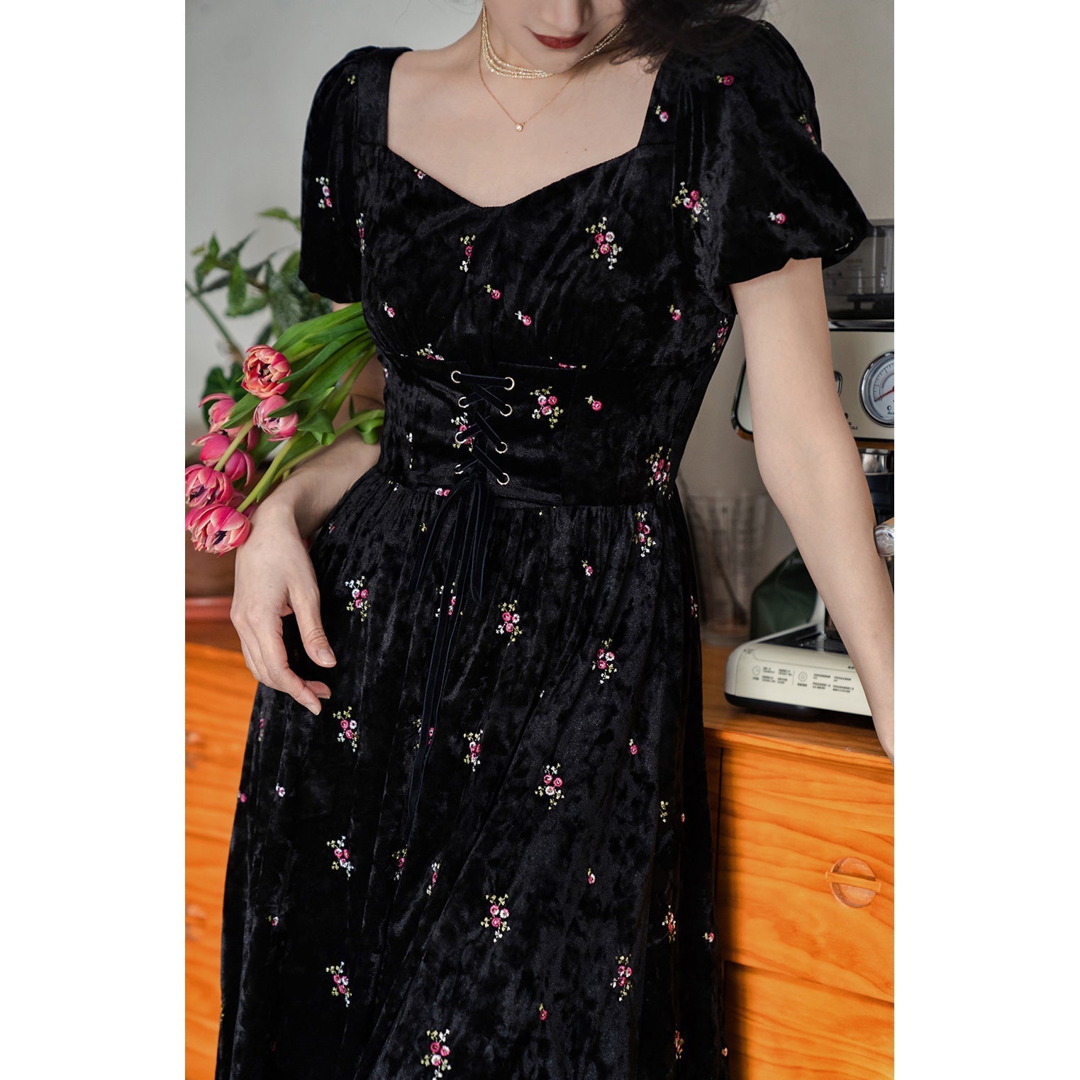 Dark night flower embroidery corset dress