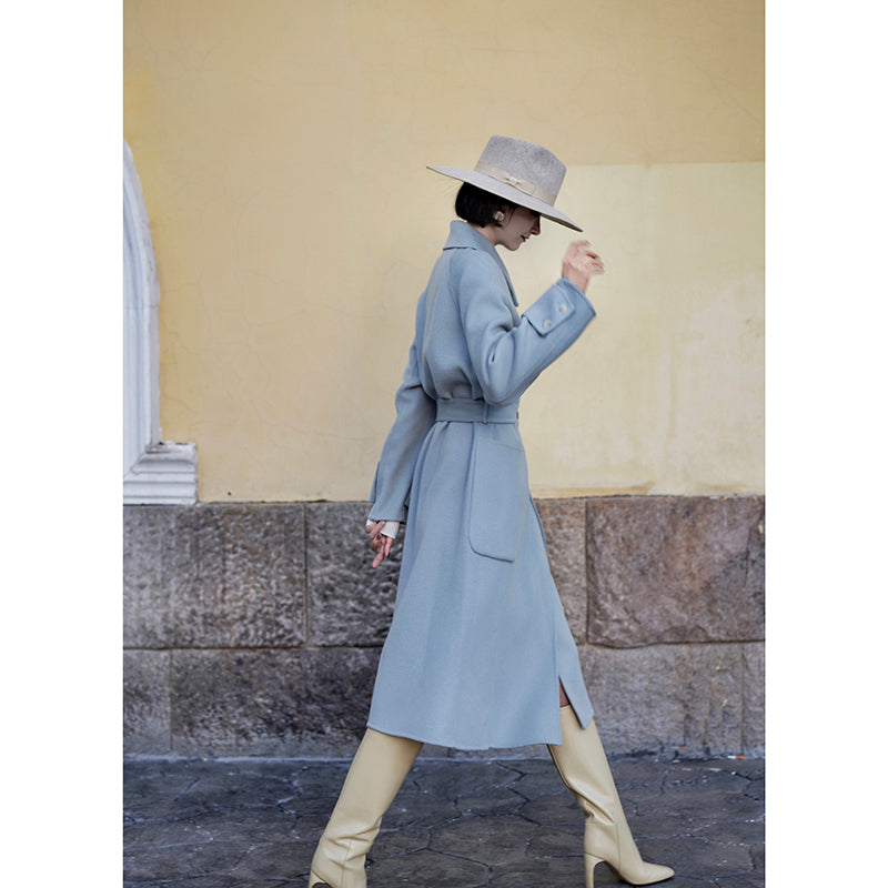 Sky blue classical belt wool coat