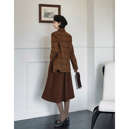 Mannish plaid retro wool jacket and wool skirt