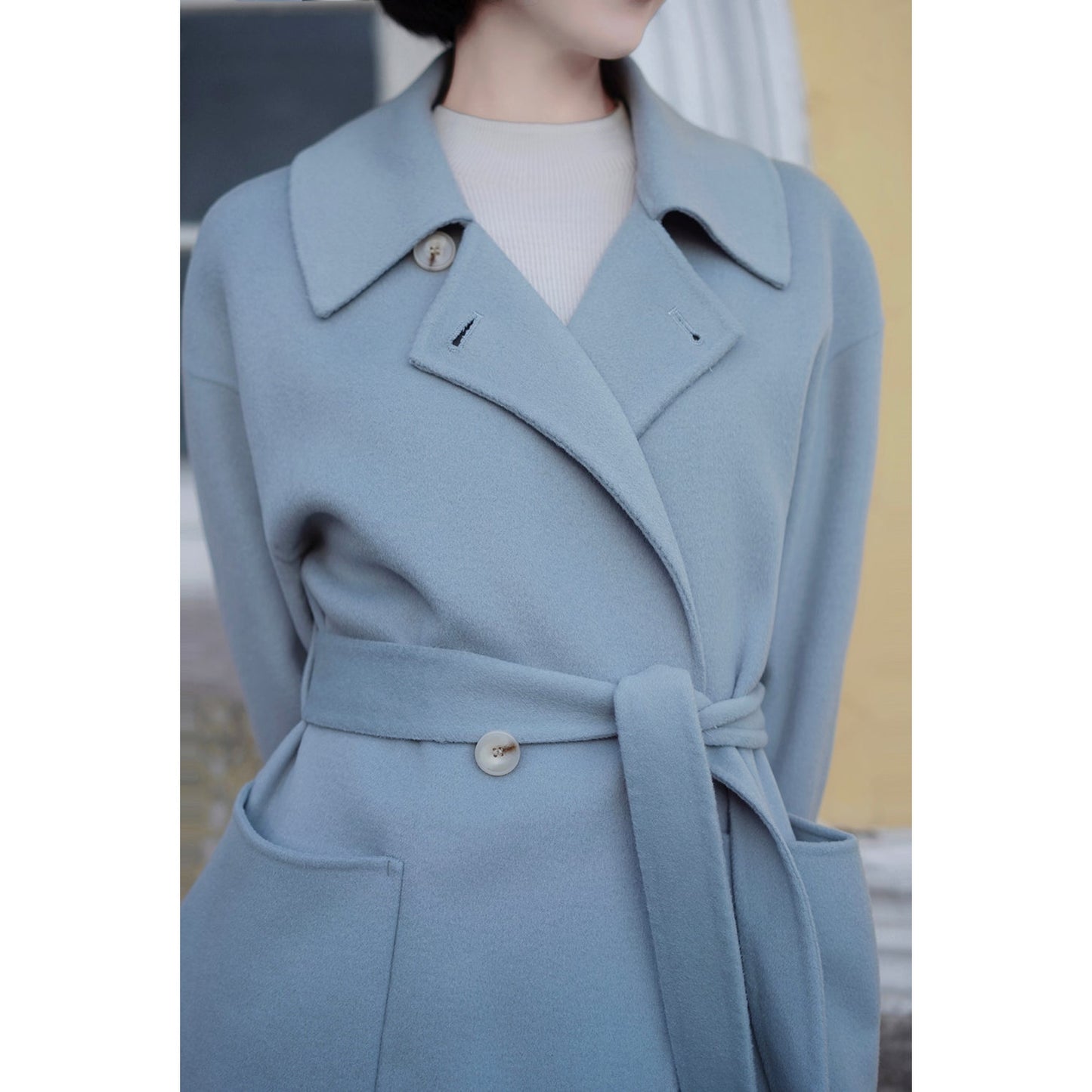 Sky blue classical belt wool coat