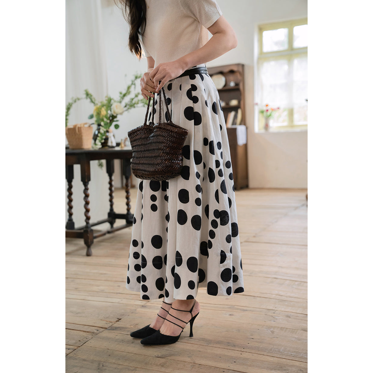 Black and white polka dot long skirt