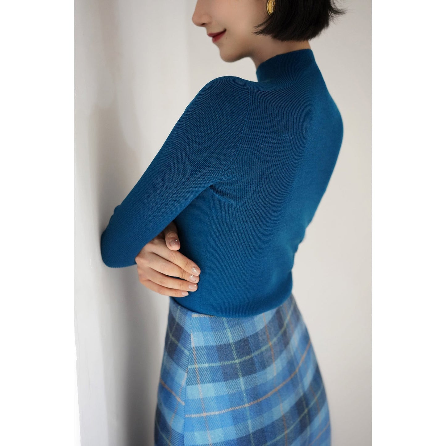 Blue indigo plaid wool tight skirt