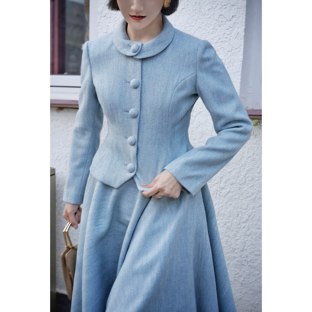 Light blue classic tweed jacket and tweed skirt