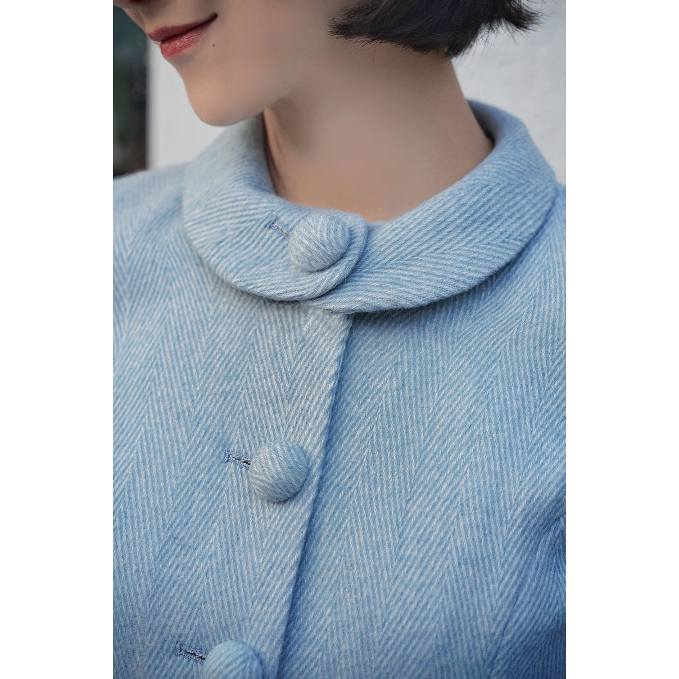 Light blue classic tweed jacket and tweed skirt