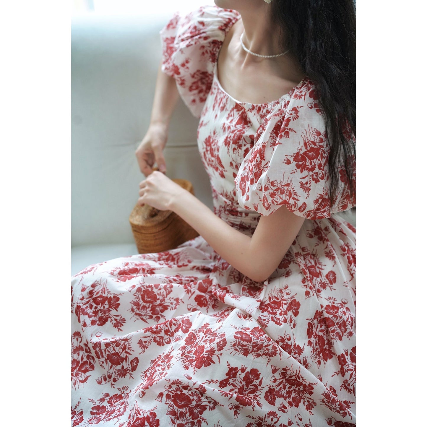 Red flower pattern retro dress