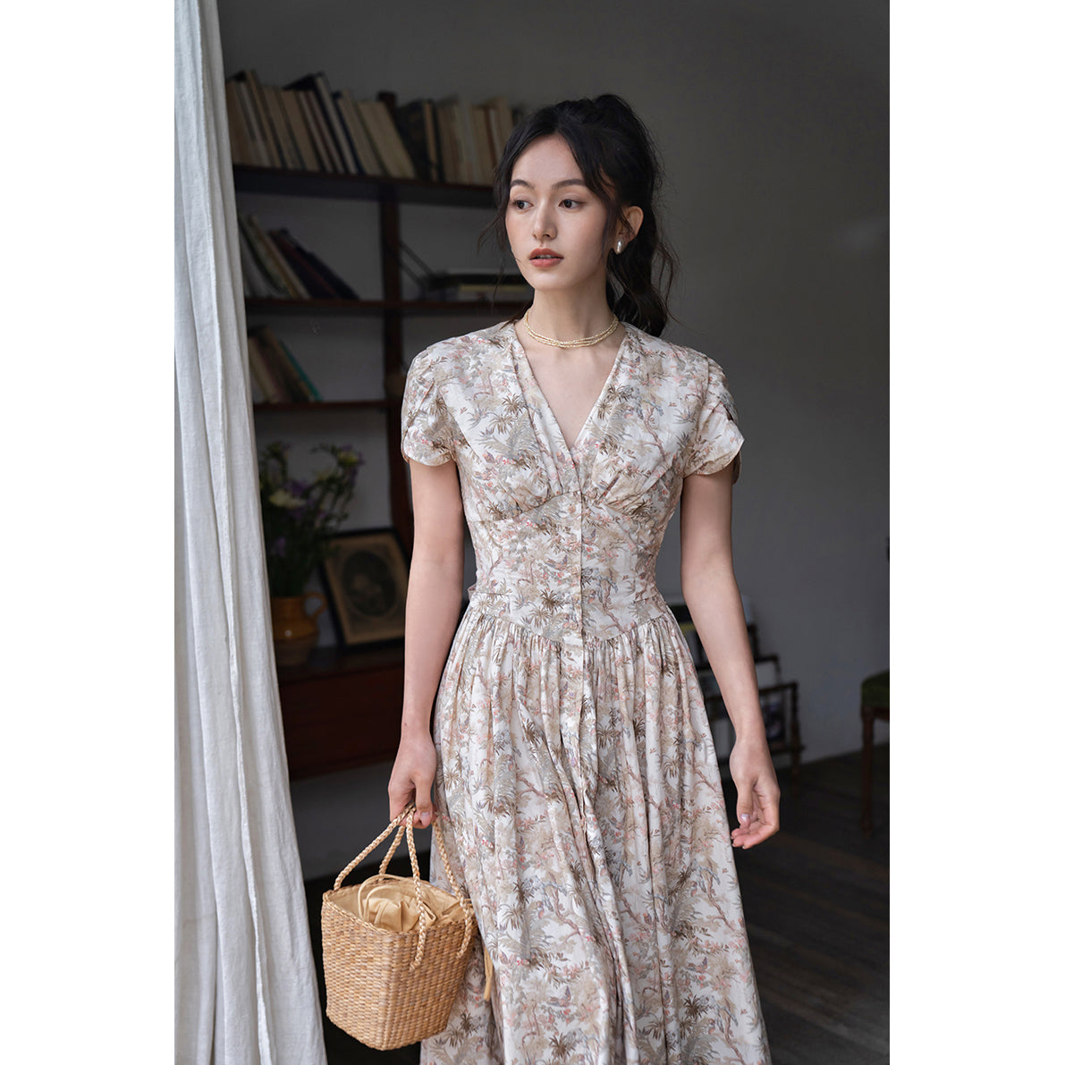 Evening flowers and birds painting dress