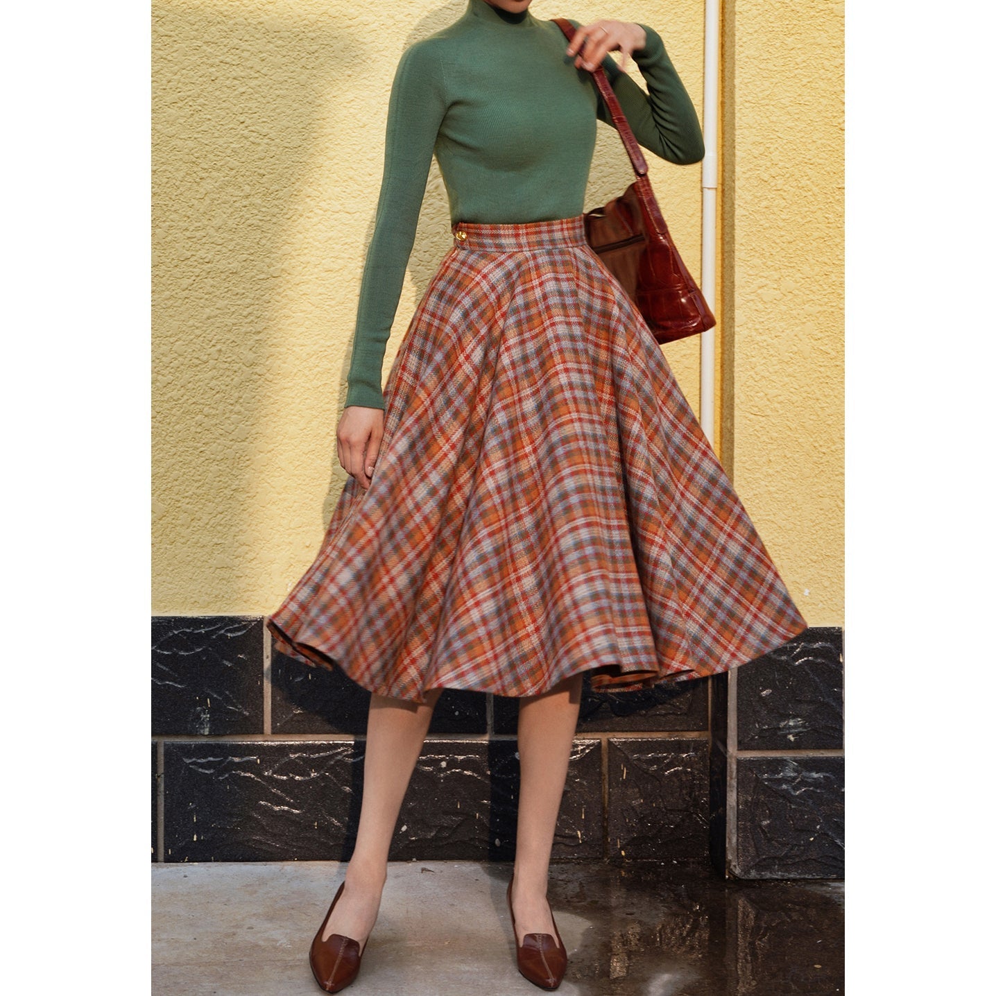 orange green plaid flare skirt