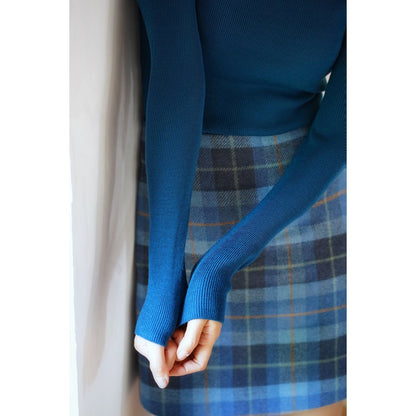 Blue indigo plaid wool tight skirt