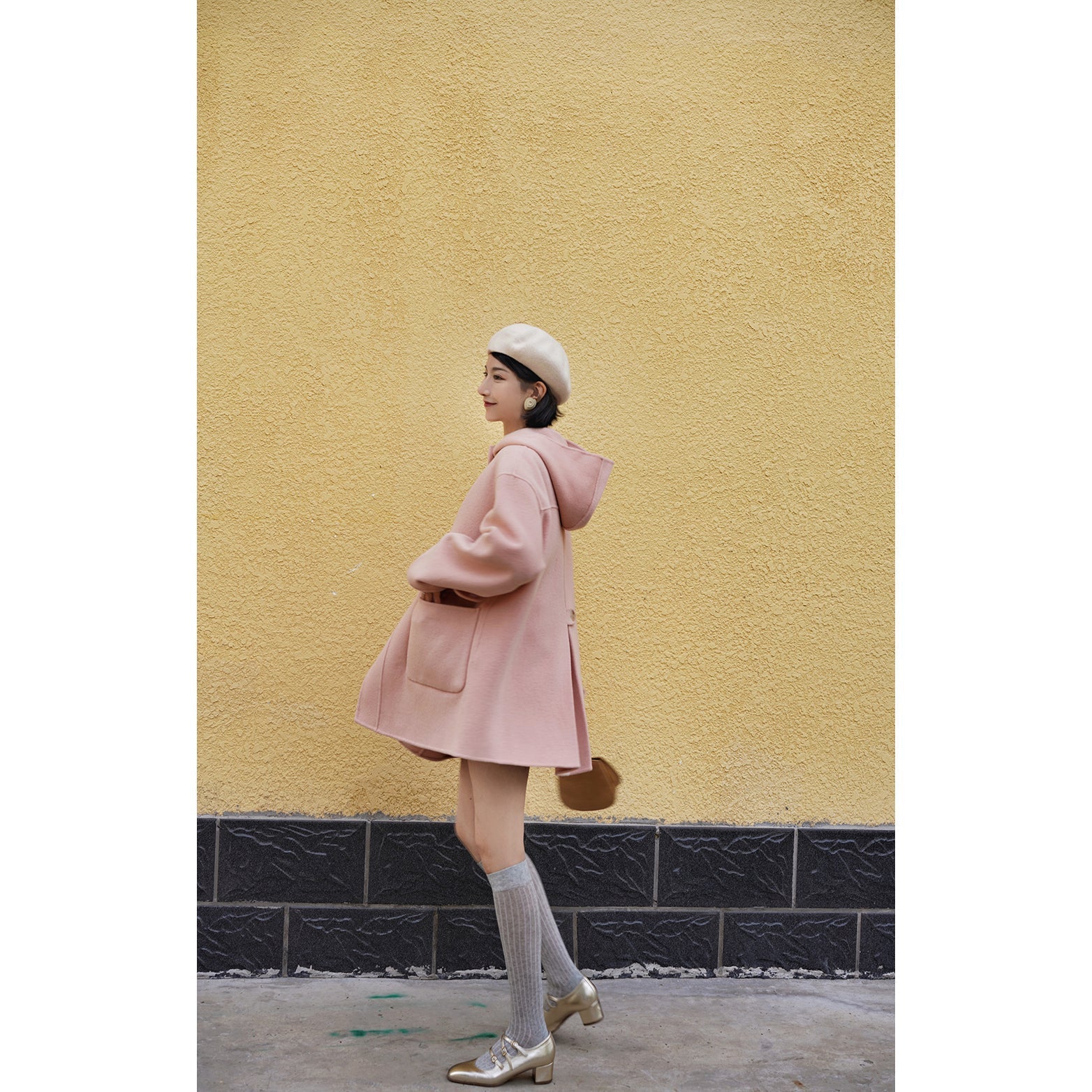 Cherry-colored wool oversized hood coat