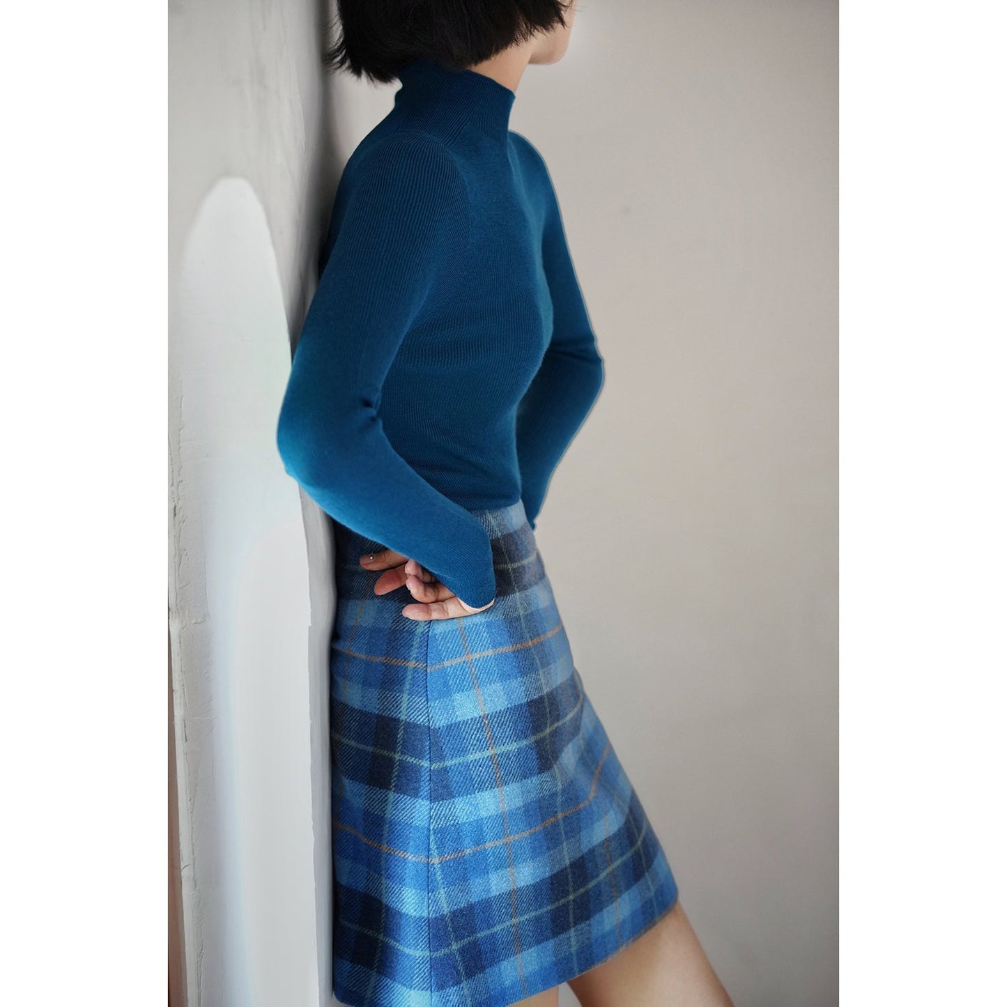 Blue indigo plaid wool tight skirt