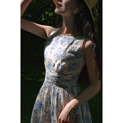 Blue ink flower pattern sleeveless dress