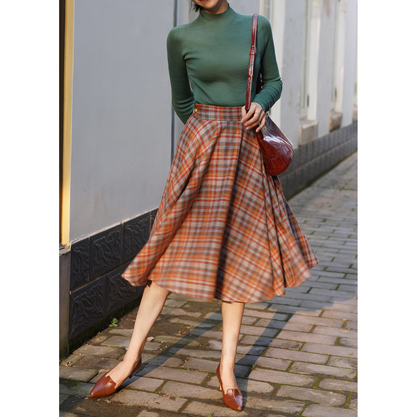 orange green plaid flare skirt