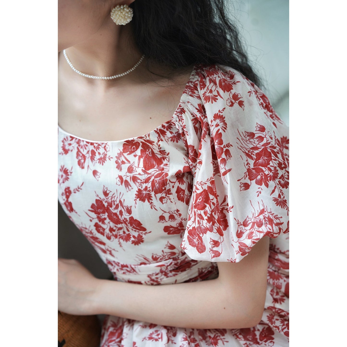 Red flower pattern retro dress