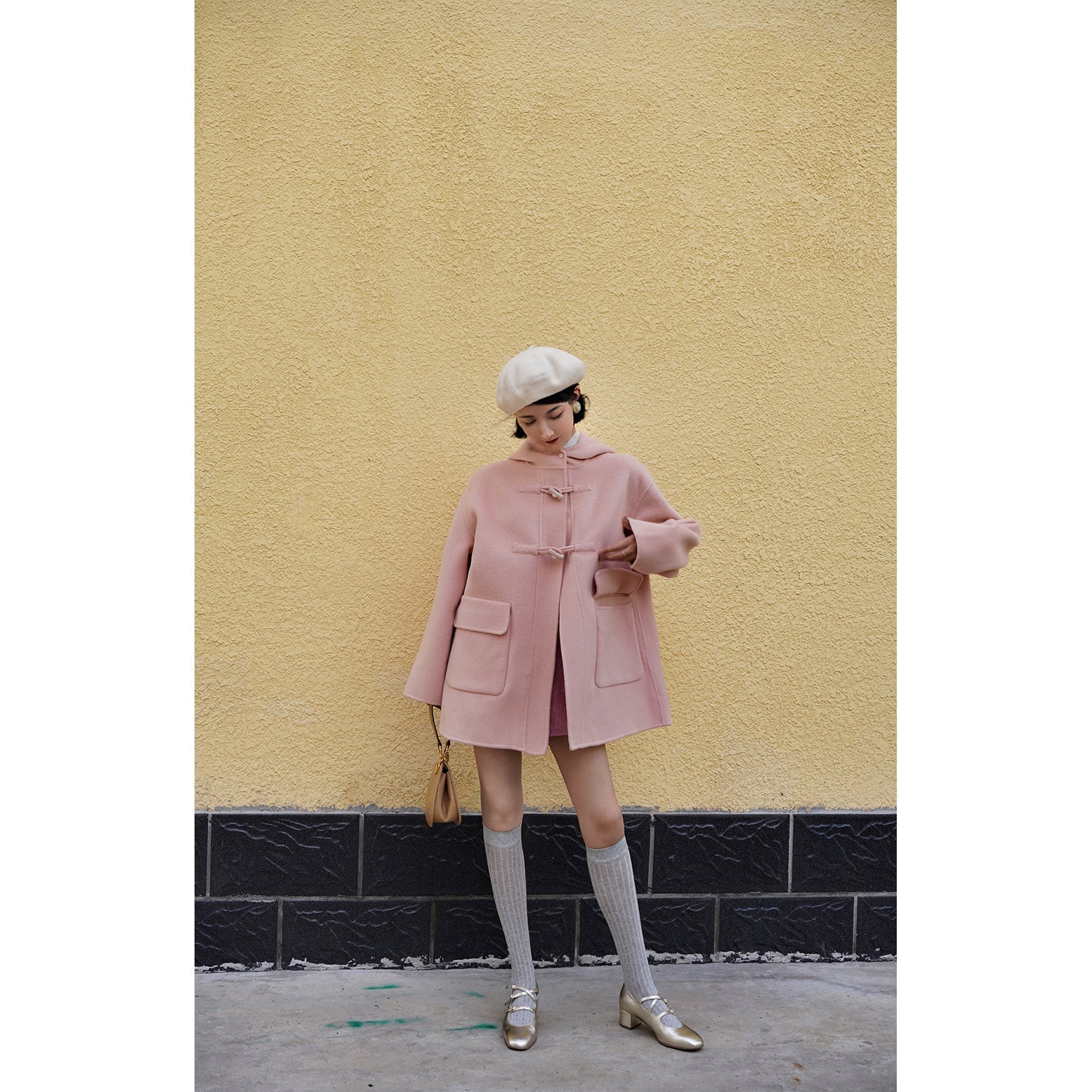 Cherry-colored wool oversized hood coat