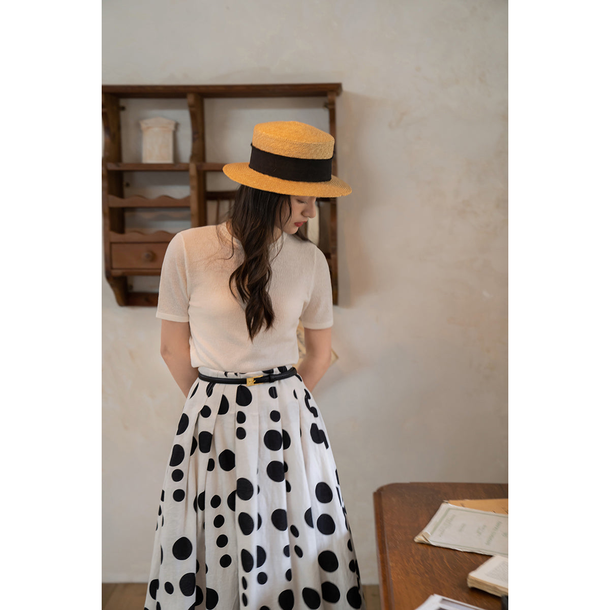 Black and white polka dot long skirt