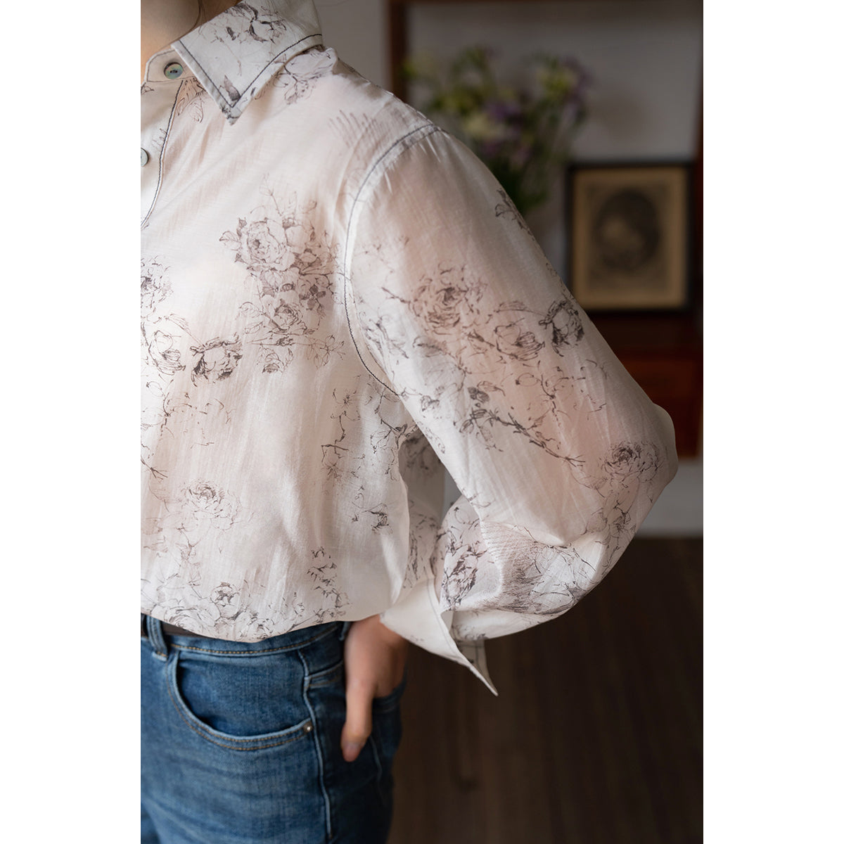 rose flower ink painting blouse