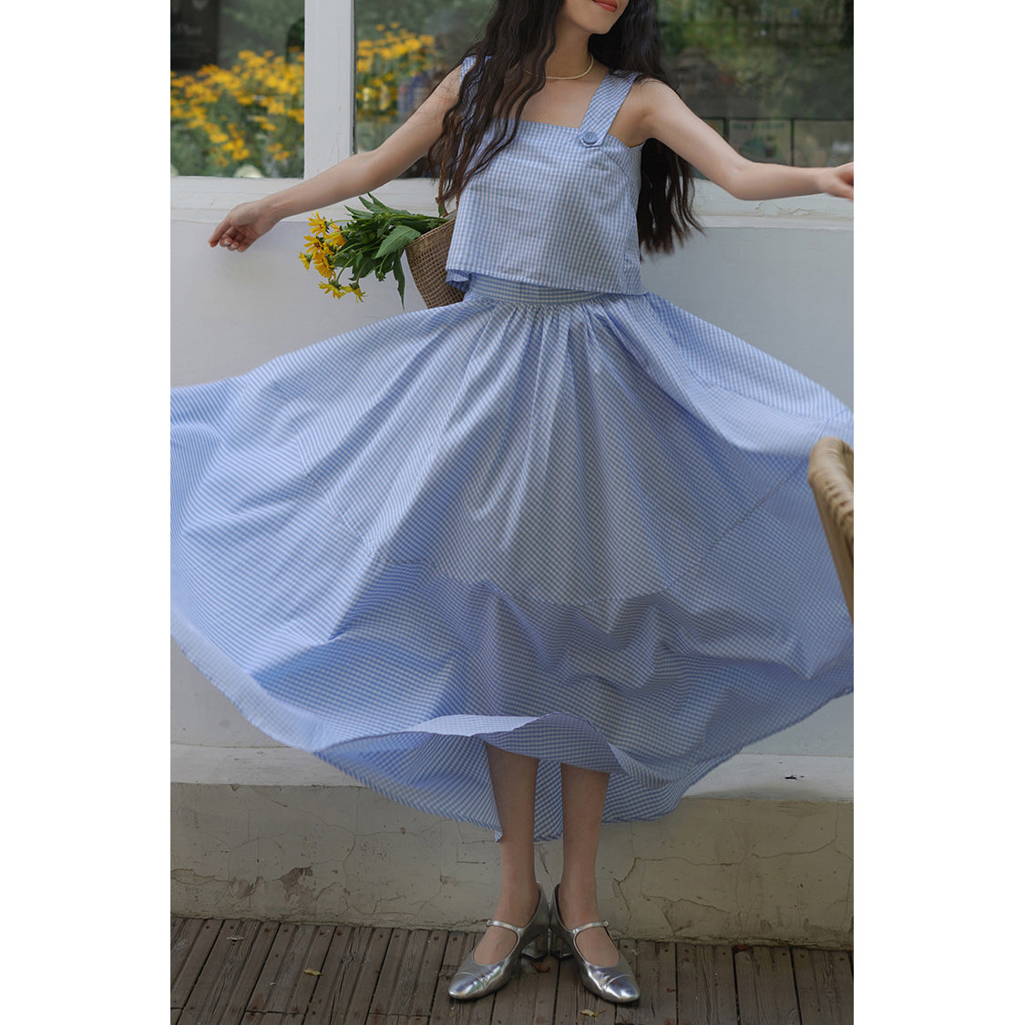 Light blue plaid French top and umbrella skirt