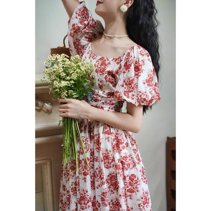 Red flower pattern retro dress