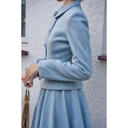 Light blue classic tweed jacket and tweed skirt