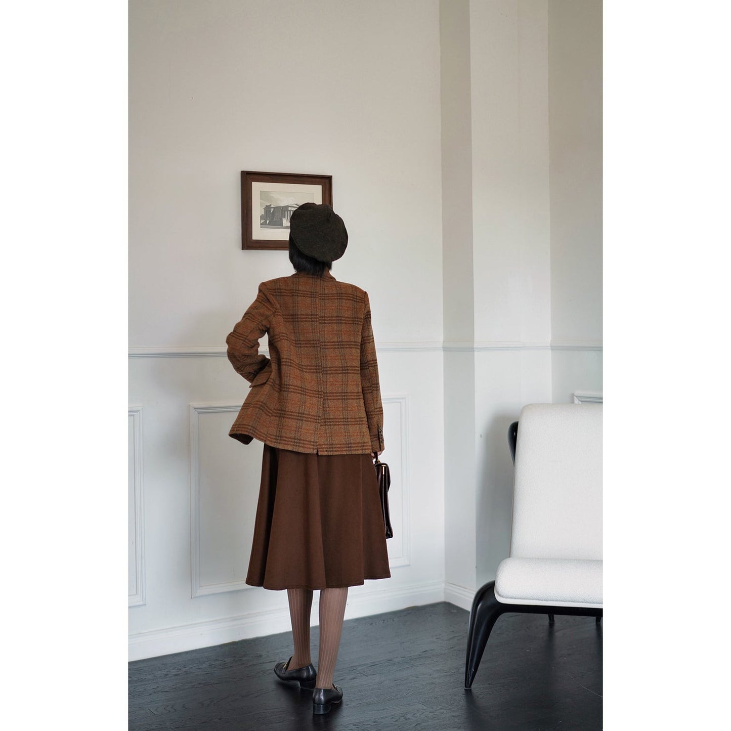 Mannish plaid retro wool jacket and wool skirt