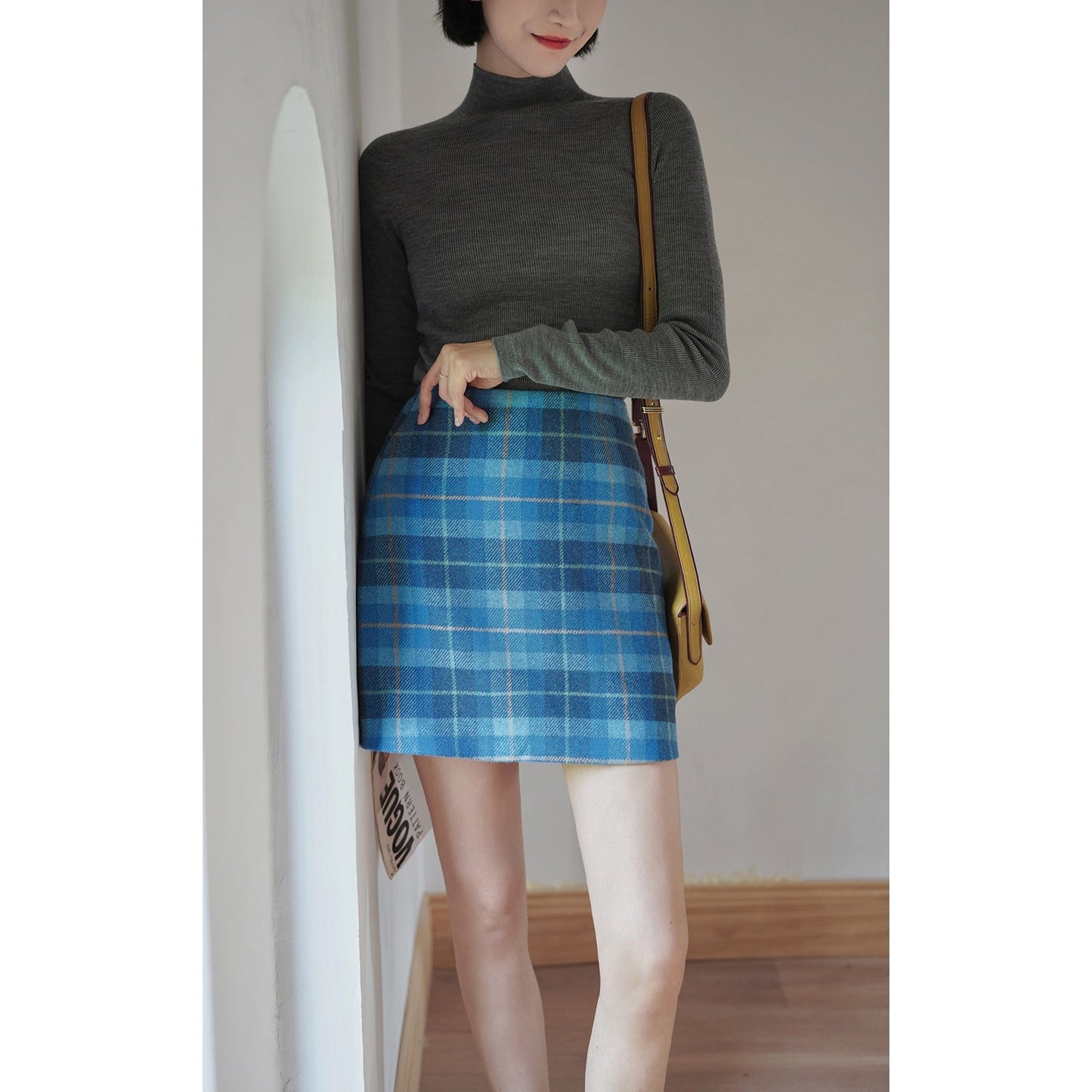 Blue indigo plaid wool tight skirt