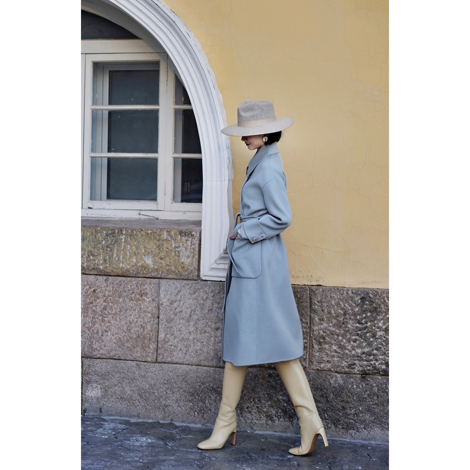 Sky blue classical belt wool coat