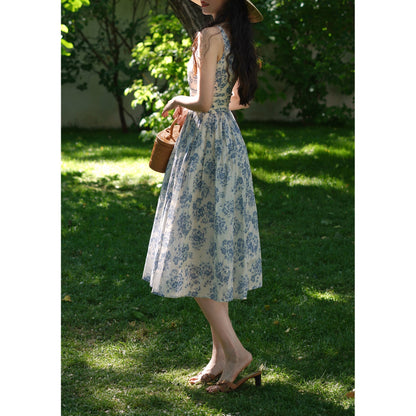 Blue ink flower pattern sleeveless dress