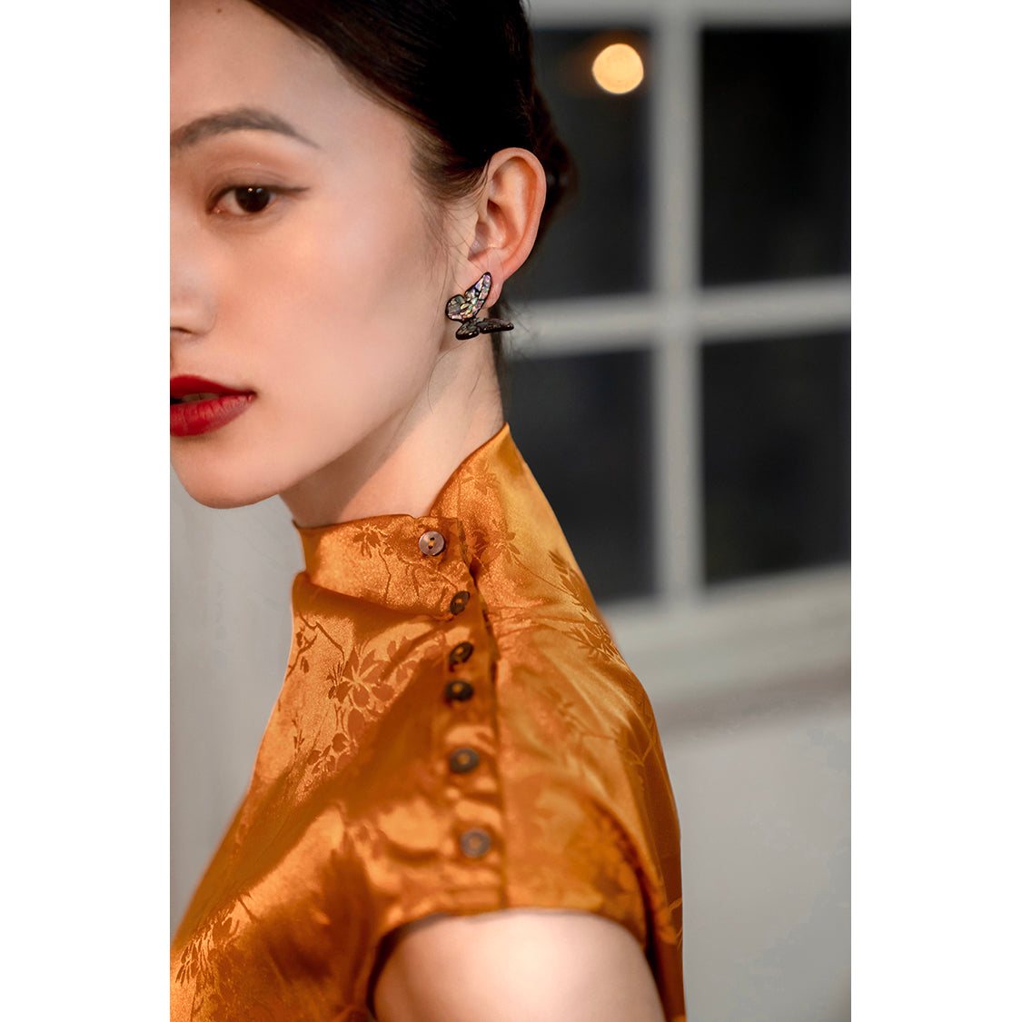 amber high collar jacquard satin cheongsam slim dress