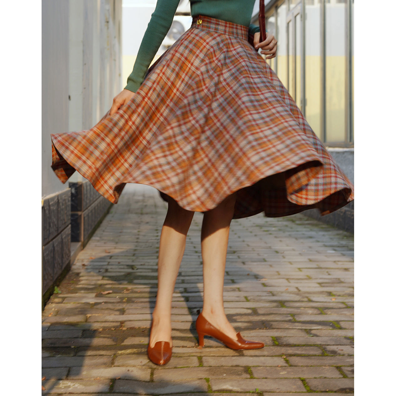 orange green plaid flare skirt