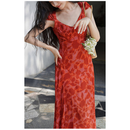 Crimson rose flower shadow dress