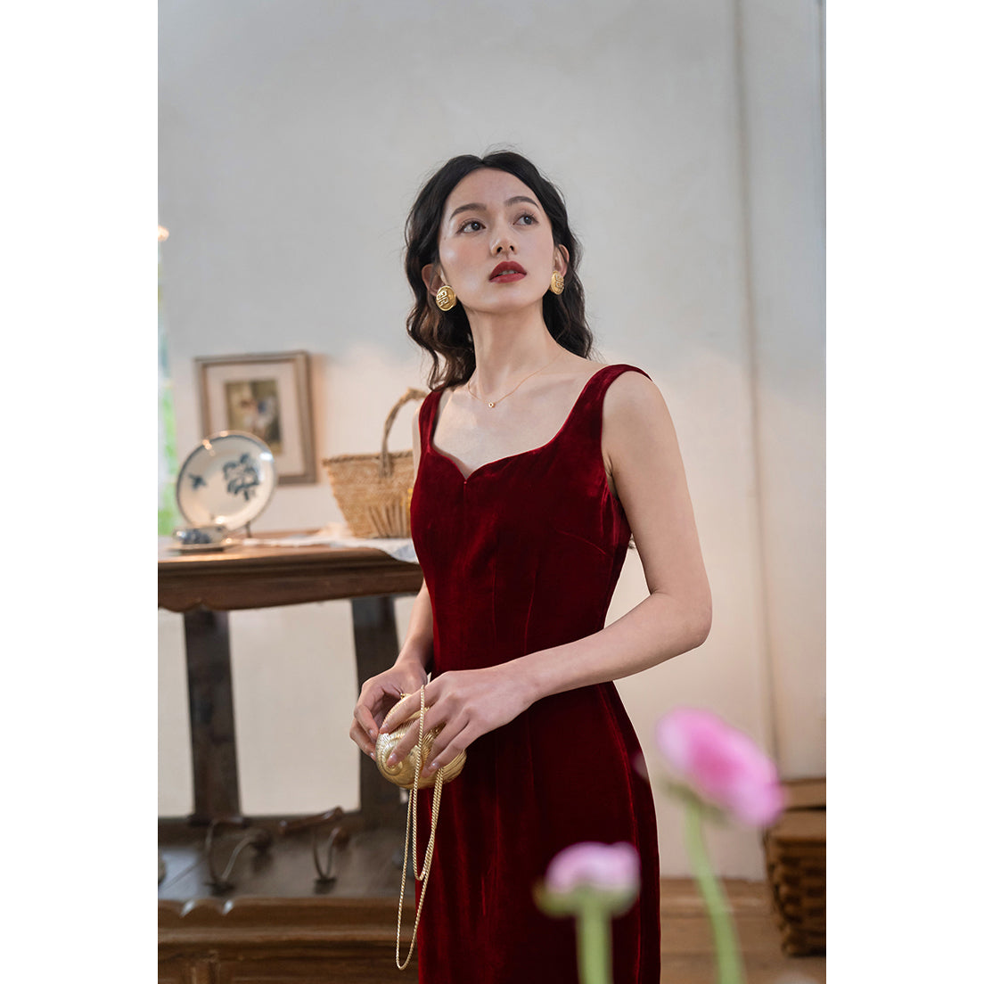 Lady's Silk Suspender Velvet Strap Dress