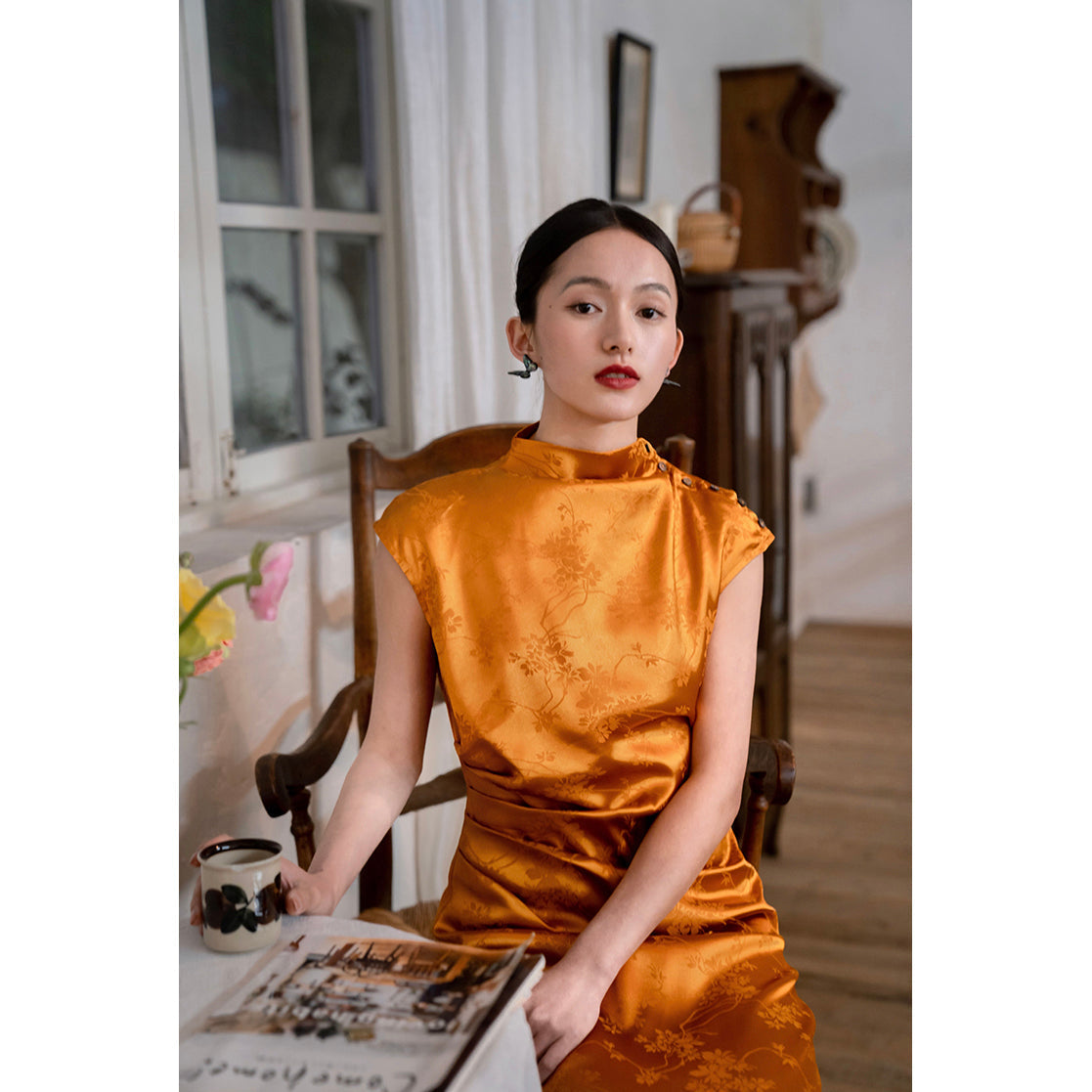 amber high collar jacquard satin cheongsam slim dress