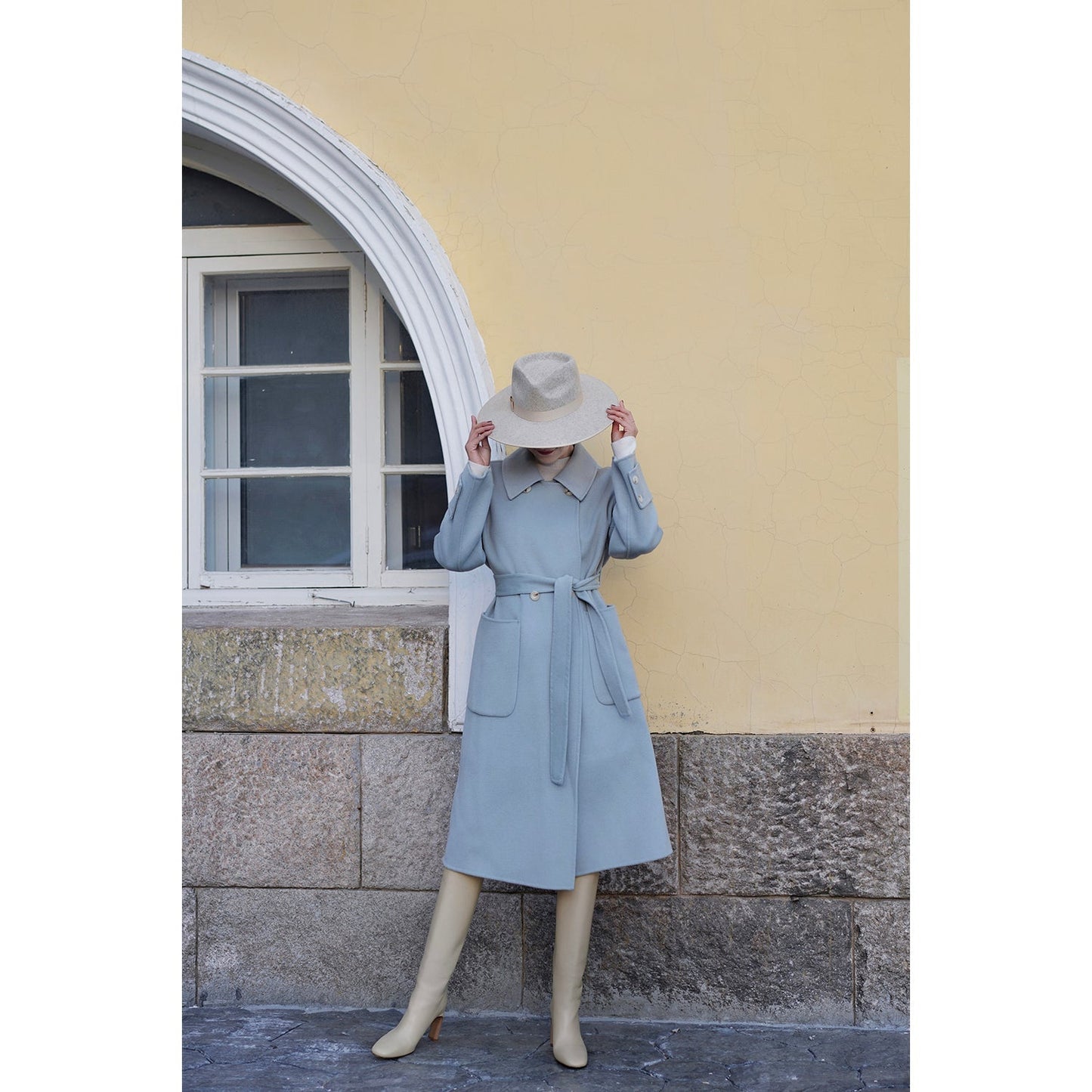 Sky blue classical belt wool coat