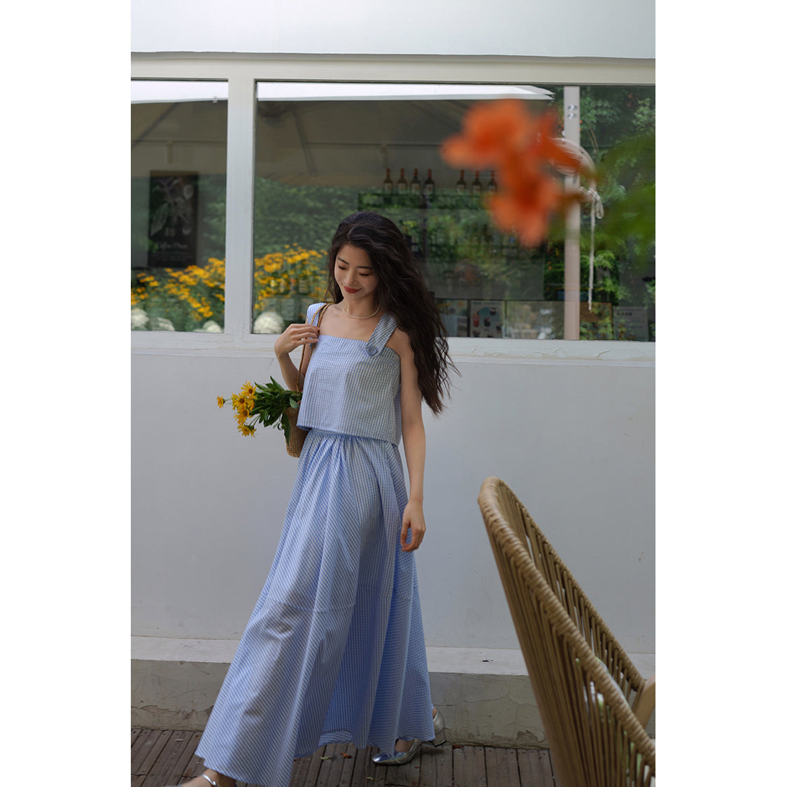 Light blue plaid French top and umbrella skirt