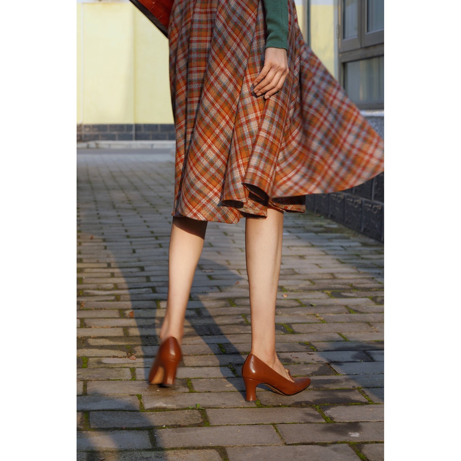 orange green plaid flare skirt