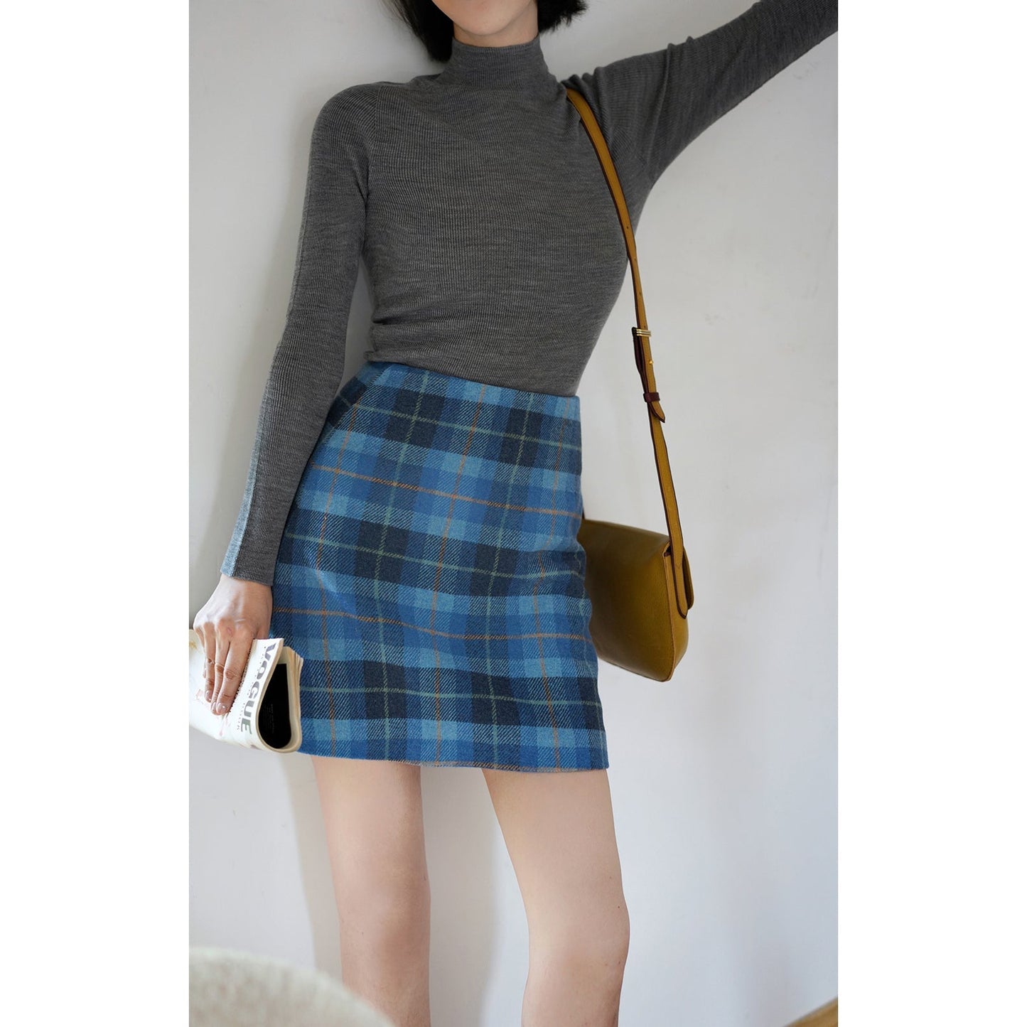 Blue indigo plaid wool tight skirt