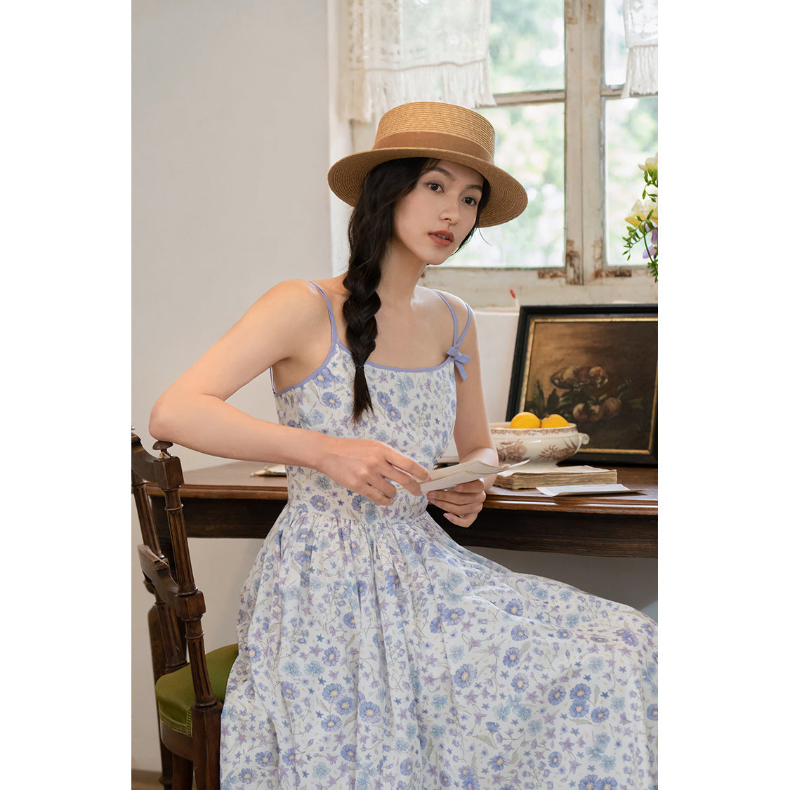 Watercolor flower and grass pattern camisole dress