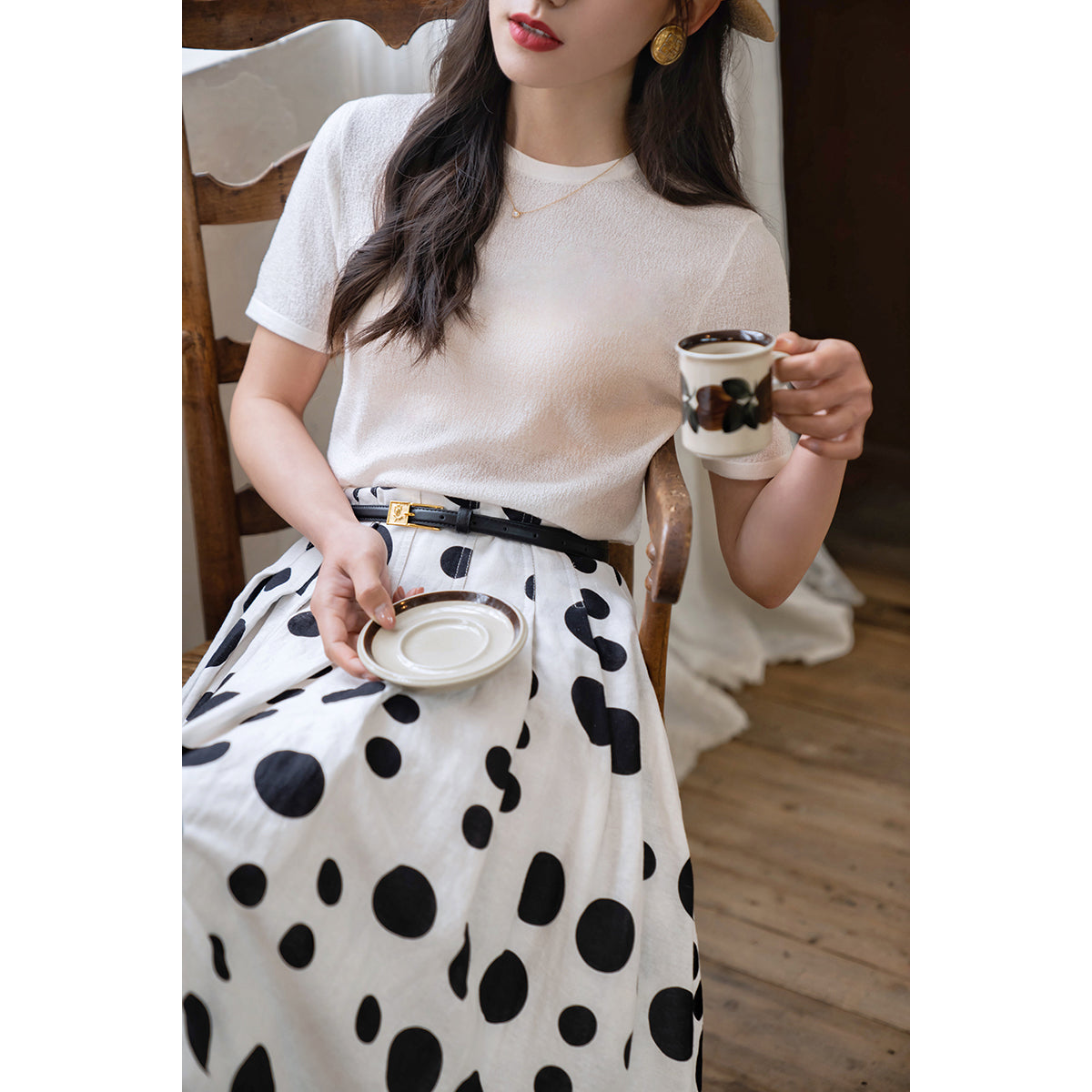 Black and white polka dot long skirt