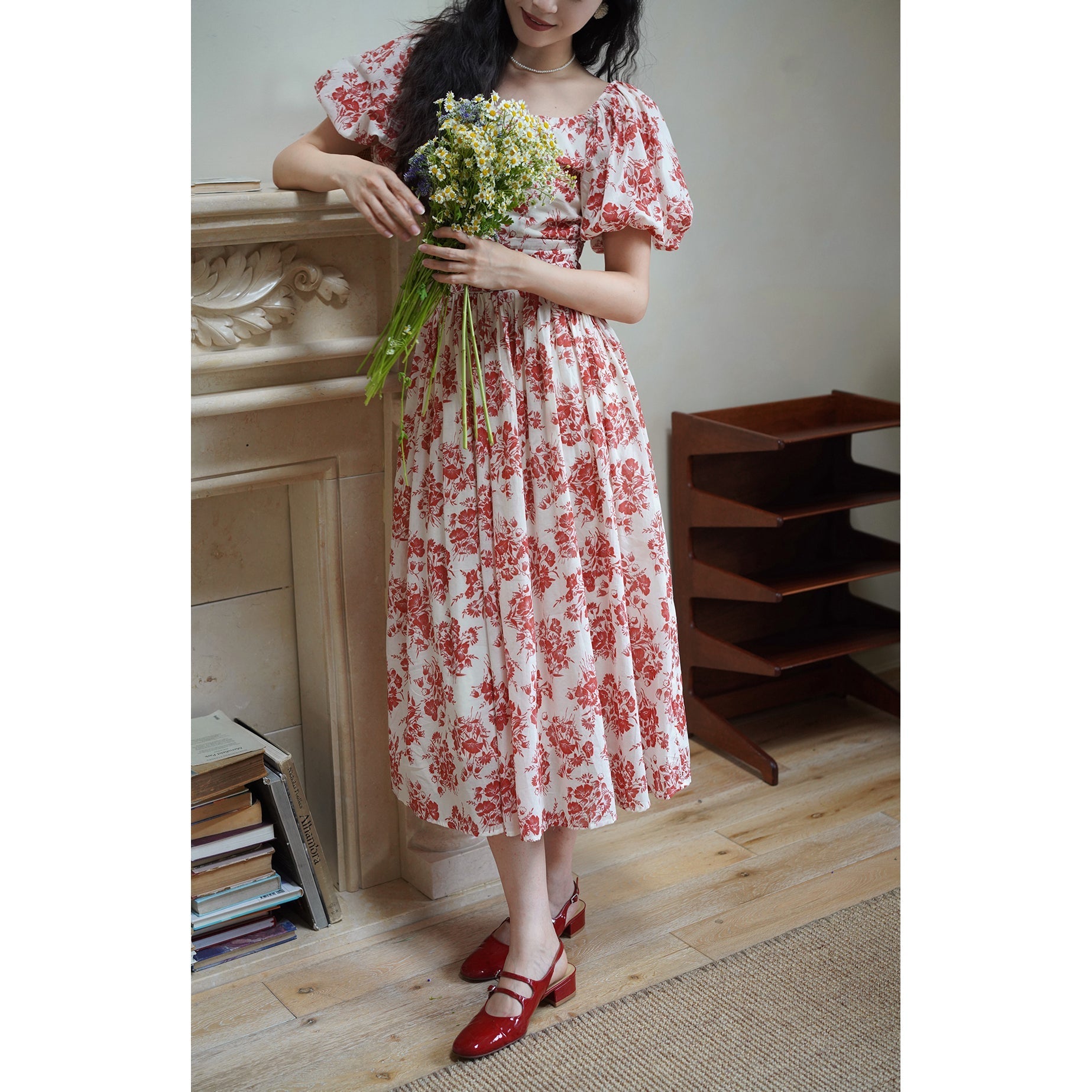 Red flower pattern retro dress