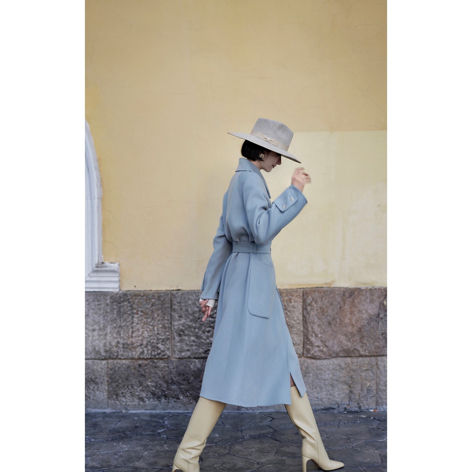 Sky blue classical belt wool coat