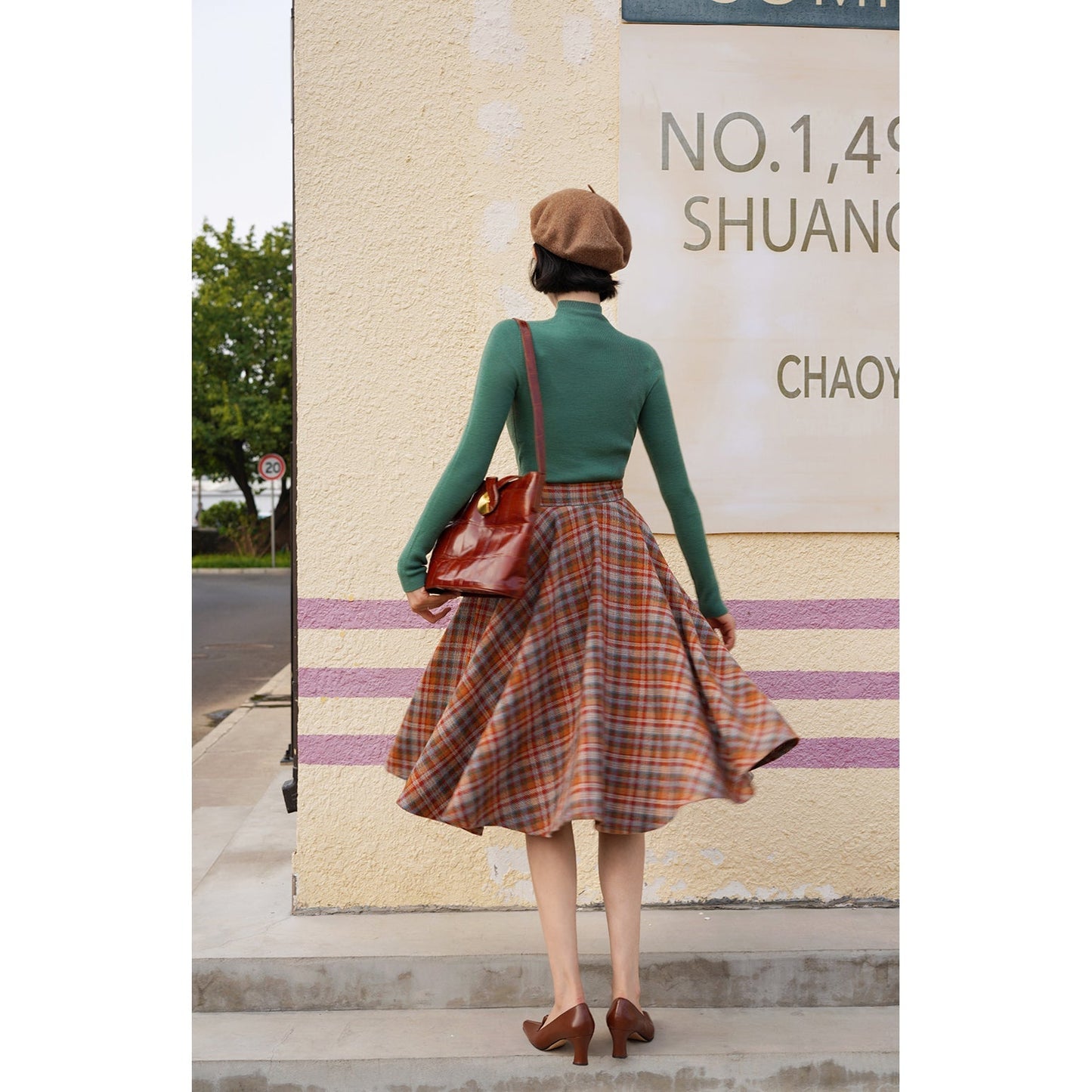 orange green plaid flare skirt