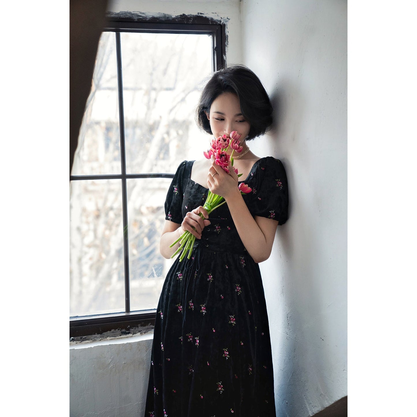 Dark night flower embroidery corset dress