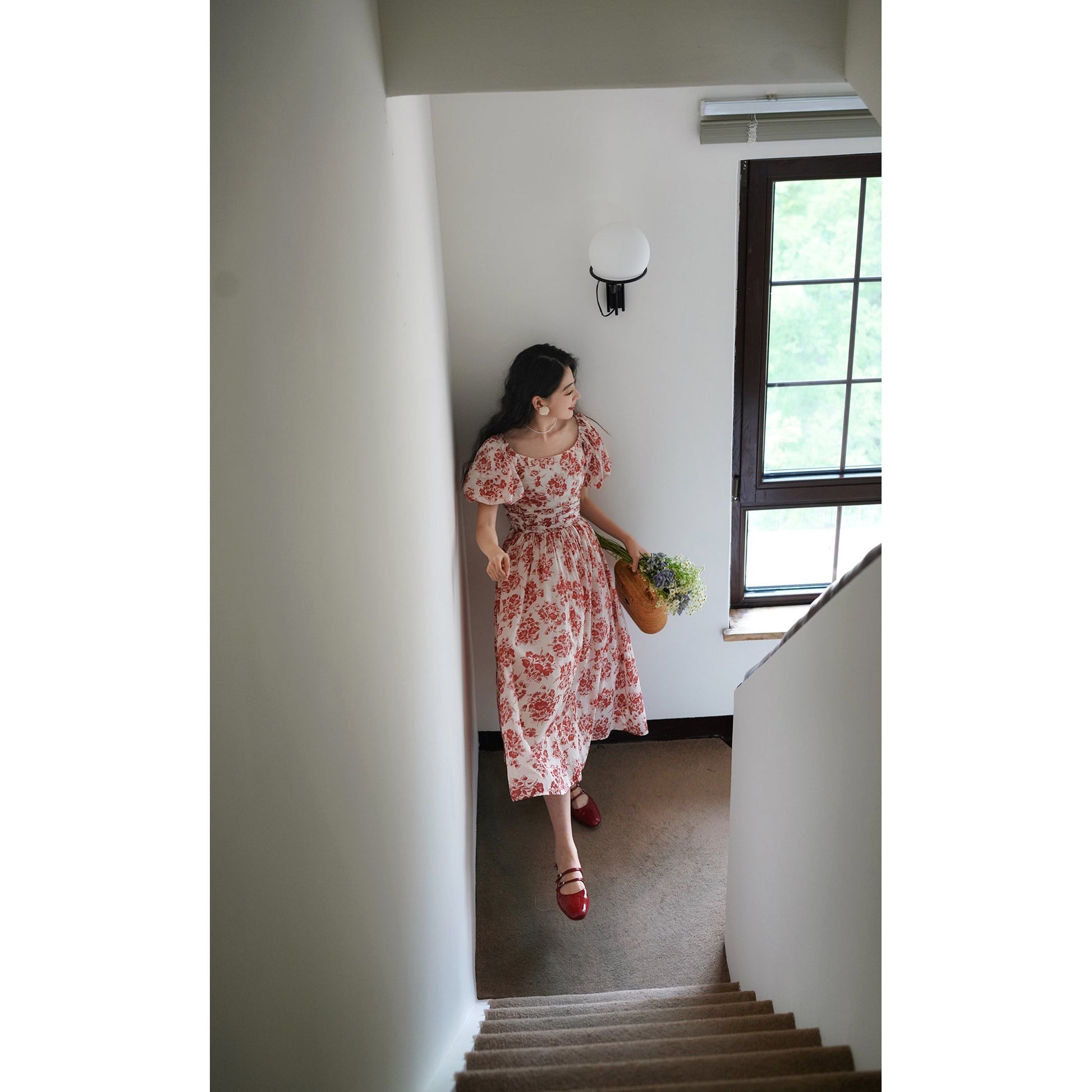 Red flower pattern retro dress