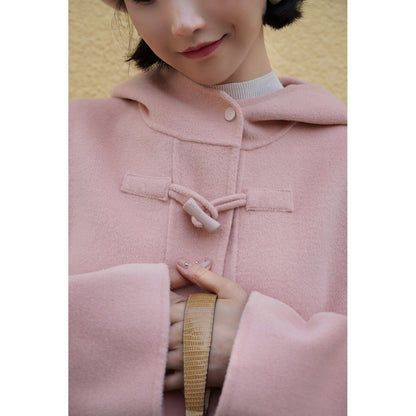 Cherry-colored wool oversized hood coat