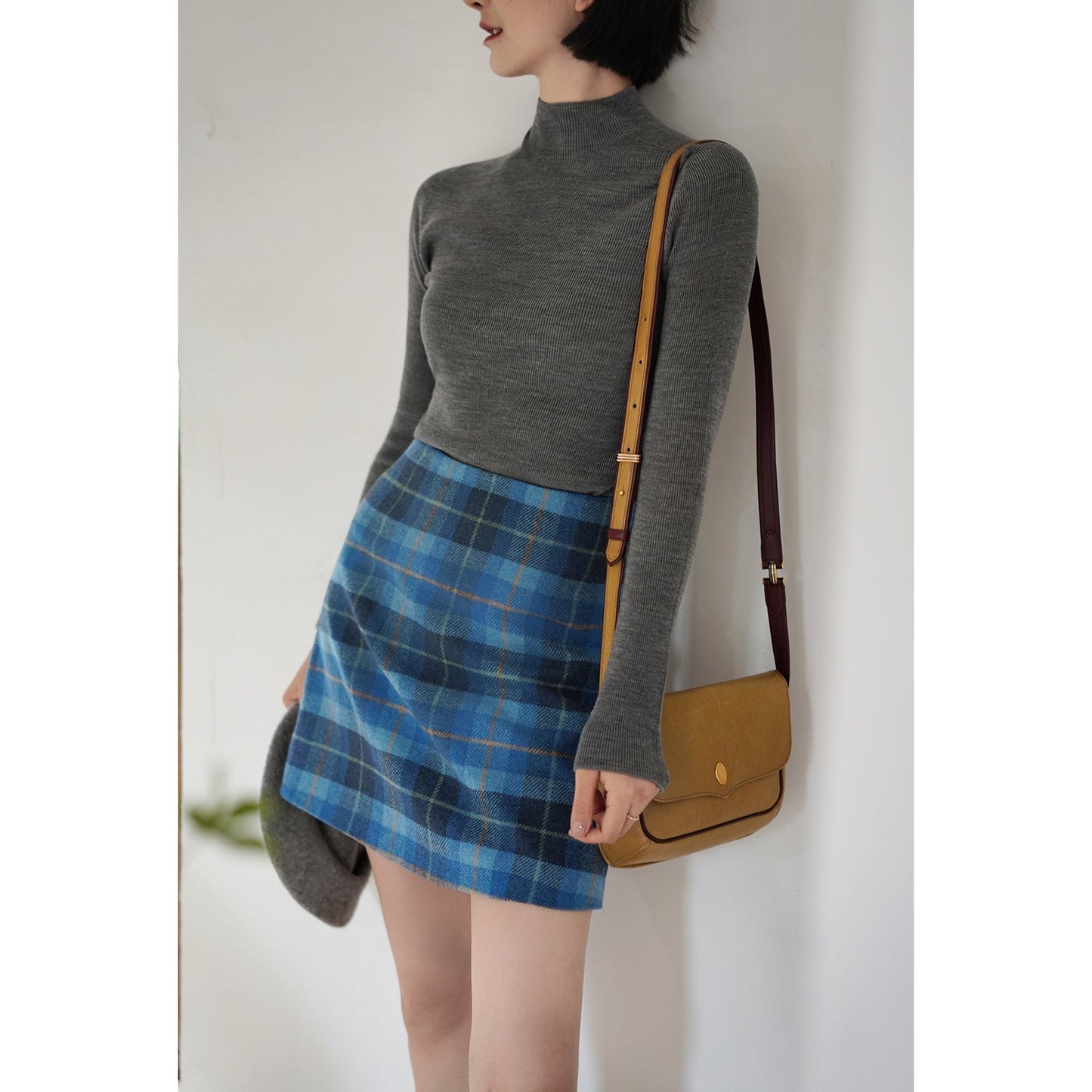 Blue indigo plaid wool tight skirt