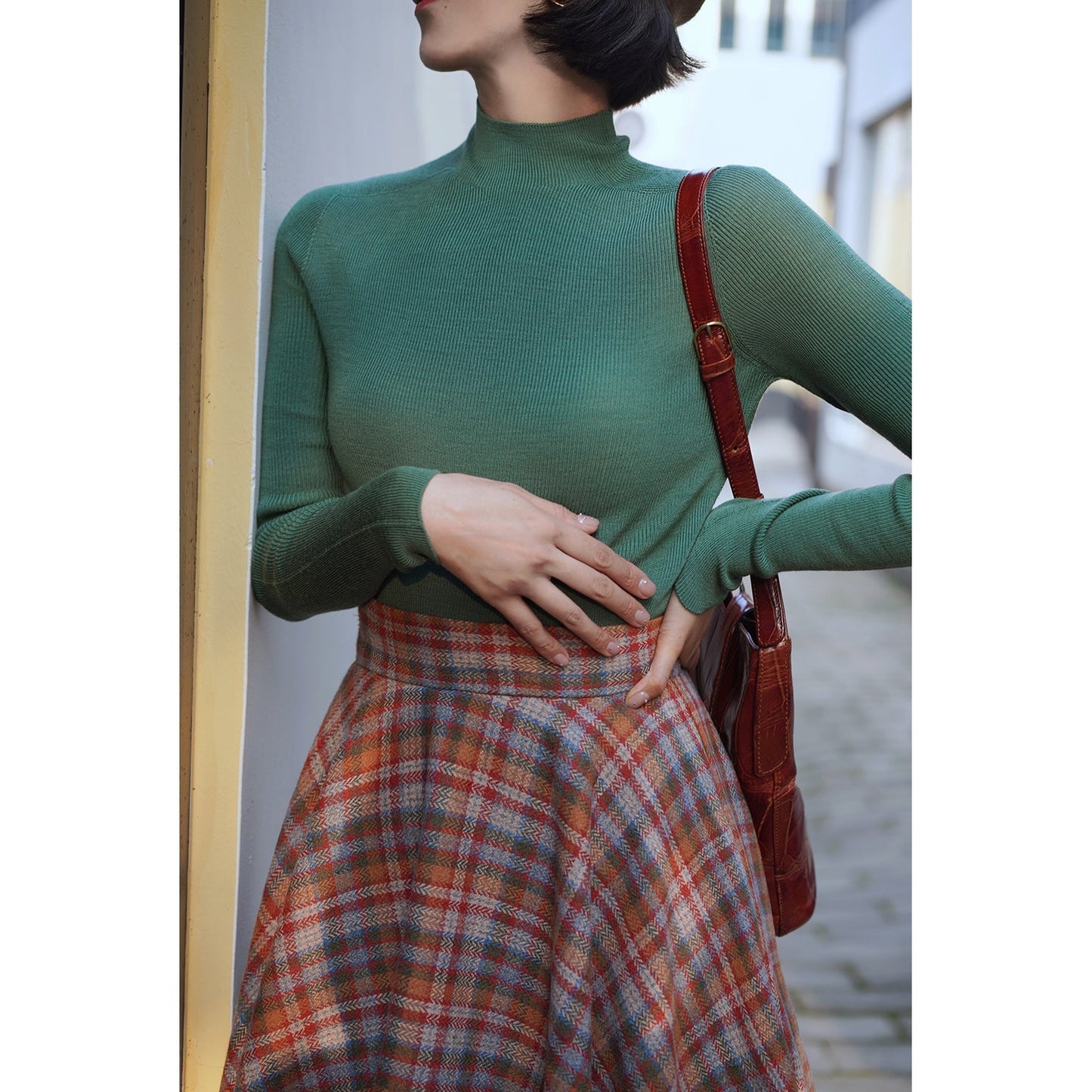 orange green plaid flare skirt