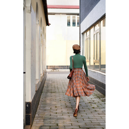 orange green plaid flare skirt